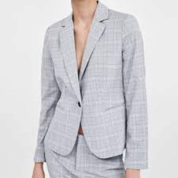 Zara Checkered Blazer Grey 6 - Picture 1 of 11
